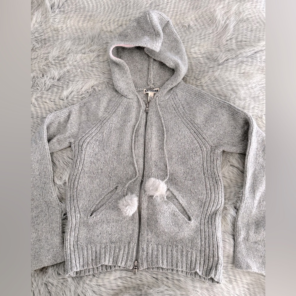 EUC 🌟Express Wool Blend Zip-up Hoodie w/ Real Rabbit Fur Hood Pompoms Sz. M